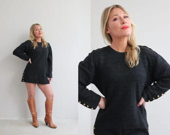 1990's Vintage Charcoal & Wool Sweater Dress ~ Women's Extra Small to Medium XS SM MD ~ Mini Dress ~ Oversized ~  Wear to Work ~ Workwear