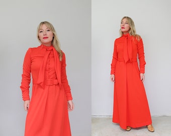 1970's Vintage Nancy Valentine Red Dress // Women's Small to Medium // Button Front // Ascot Bow Tie // Big Full Sleeve // 70s Retro Fashion