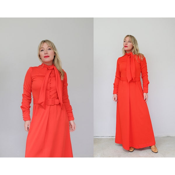 1970's Vintage Nancy Valentine Red Dress // Women's Small to Medium // Button Front // Ascot Bow Tie // Big Full Sleeve // 70s Retro Fashion