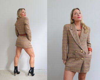 1990's Vintage Lee Soda Plaid & Wool Blazer // Women's Size Extra Small to Medium // Mini Dress // Business Casual // Tailored Jacket // 90s