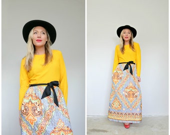 1970's Quilted Paisley Folk Dress // Size Small // Marigold Yellow