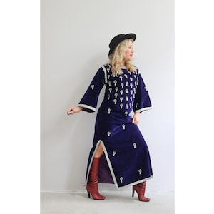 1960&#39;s Velvet Caftan Dress // Women&#39;s Size Double Extra Small to Extra Small // Full Length // Wide Bell Sleeves  // Hostess Dress