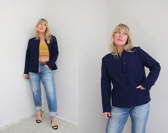 Chaqueta vintage de lana bouclé azul marino de los años 70 para otoño ~ Tallas para mujer (S/M) ~ Prendas básicas minimalistas ~ Prendas para guardarropa cápsula del tiempo ~ Tallas pequeñas a medianas ~ Años 70
