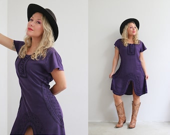 1990's Dark Purple Indian Rayon Dress // Women's Size Medium to Large // Casual Day Dress // Mid Length // Lace Up Corset // Fairy Grunge