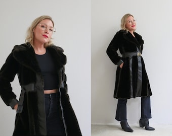 1970's Tissavel French Faux Fur Coat With Leather Panels // Women's Size Double Extra Small to Extra Small // Long Princess Coat // Belted