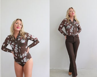 Deadstock, New With Tags, Vintage 1970's Floral Collared Bodysuit // Women's Size Double Extra Small to Extra Small // Flowers // NOS // 70s