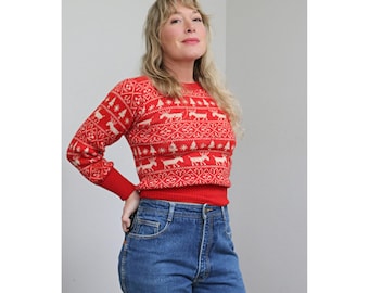 Suéter vintage Pandora de los años 40 con renos navideños, estilo desgastado y corte ajustado ~ Tallas XS/SM para mujer ~ Prendas de punto con aspecto envejecido ~ Prendas de punto navideñas ~ Años 40
