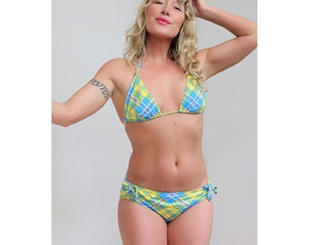 Vintage 1970's Plaid Seersucker Low Cut Two Piece Bikini ~ Women's XXS to XS ~ Double Extra Small to Extra Small ~ Triangle Top ~ Side Tie