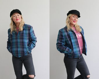 1980's Pendleton Plaid Bomber Jacket // Women's Size Medium to Large // Jewel Tones  // Short // Virgin Wool // Portland, Oregon // 80's