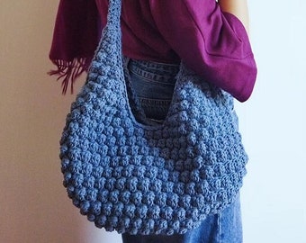 RESERVED - POPPY (Blue grey) - Crochet Cotton Handbag-Tote