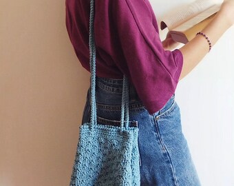 SEASHELL (Light Denim) - Crochet Cotton Drawstring Bag