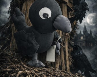Edgar Allen Poe inspired raven plush handmade Gothic art doll 12 inch literary raven decor, dark academia gift