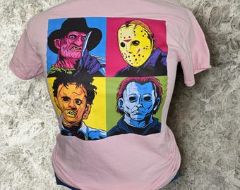 Quad Nightmares Pop-Art Tee — Retro Slashers, Neon PopTurn every sidewalk into a movie poster.