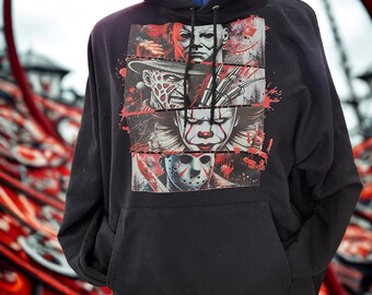 Black Horror Collage Hoodie size S-3X. Unisex graphic Hoodie