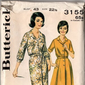 May include: Vintage Butterick sewing pattern featuring two dress designs. One dress is a button-down style with a floral print, the other is a solid yellow dress. The pattern includes illustrations of the dress designs and sizing information.