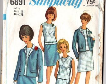 1966 VINTAGE SIMPLICITY PATTERN. Misses Jacket, Blouse & Skirt 6891 Size 18 Bust 38