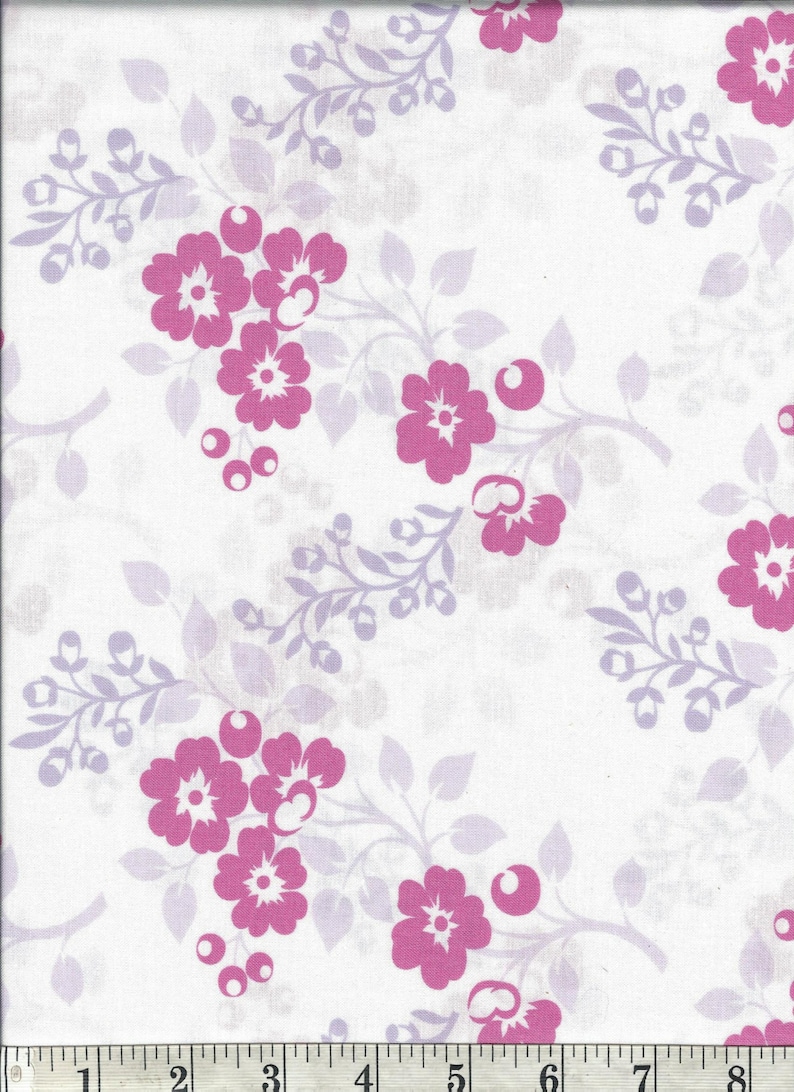 Pink Flowers on White Cotton Fabric. 45 Wide. Etsy