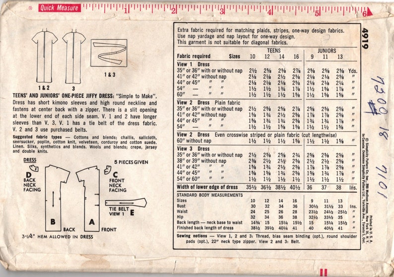May include: Vintage sewing pattern for a one-piece Jiffy dress, featuring short kimono sleeves and a high round neckline. Includes diagrams and fabric requirements for various sizes. The pattern is marked with measurements in inches.