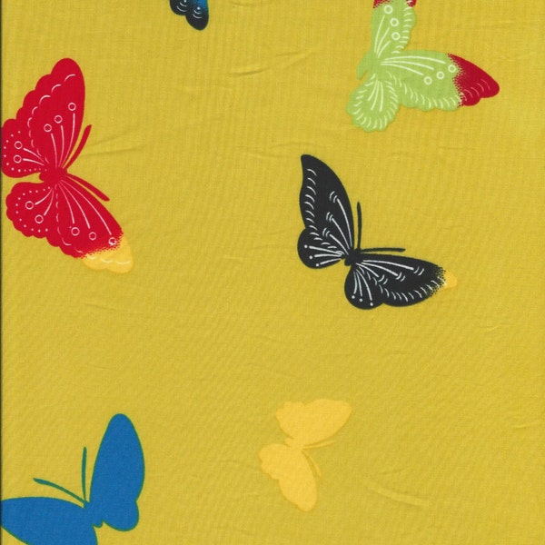 SILK Red, Blue, & Black Butterflies on Yellow  Silk/Cotton Fabric. 55" wide.