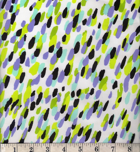 DESIGNER STRETCH COTTON.Purple, Turquoise, Green, Black, Abstract Print on White. 56" wide.