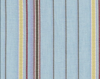 Light Blue Dobby Shirting with Yellow, Red, & Brown Stripes. 44" wide.