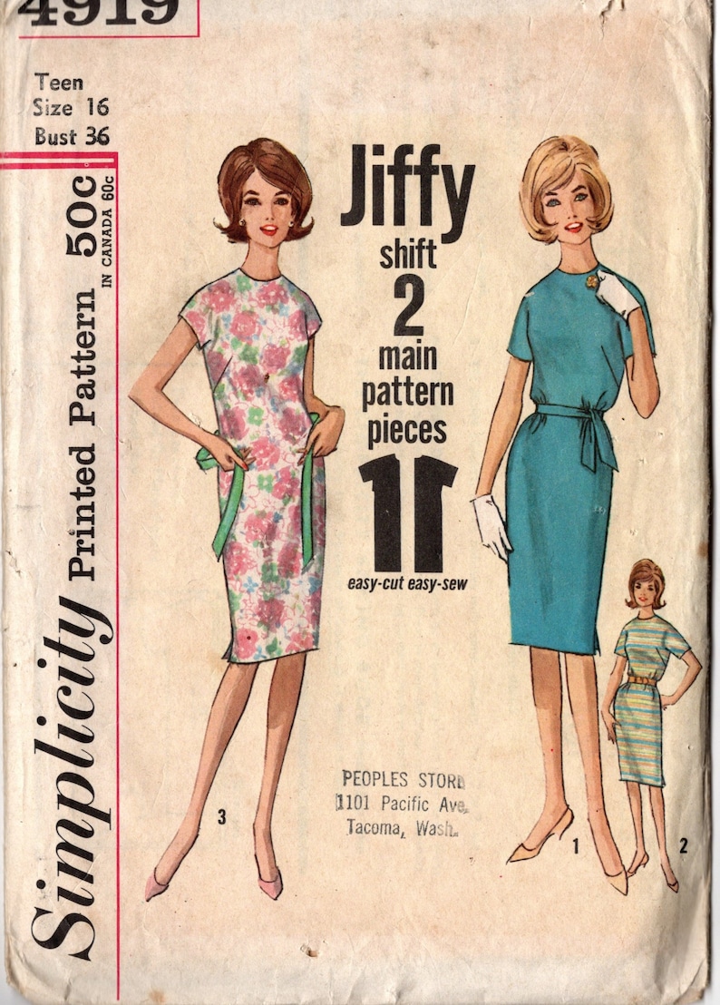 May include: Vintage Simplicity sewing pattern featuring a shift dress design. The pattern includes illustrations of the finished dresses, with details like floral prints and a belted waist. The pattern is for a size 16 with a 36-inch bust.
