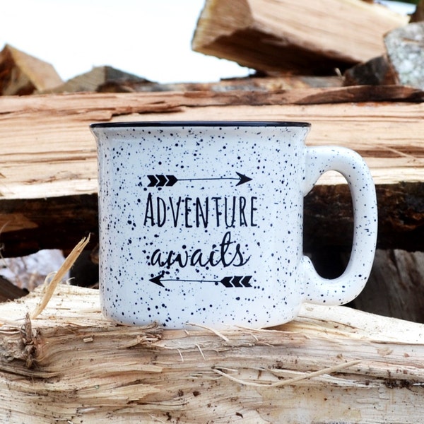Coffee Mug Camping Mug Stoneware Mug 15oz Mug Ceramic Mug Adventure Awaits Mug Coffee Cup Campfire Mug Cocoa Cup