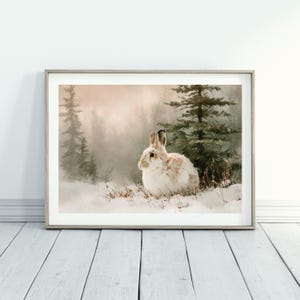 Puede incluir: Impresión enmarcada de una liebre americana en un bosque nevado. La liebre blanca se encuentra en primer plano, con un fondo suave de árboles y niebla. La obra de arte está en un marco de madera, creando una estética serena y natural.