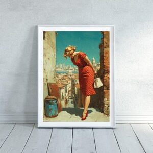 Puede incluir: Una impresión artística enmarcada que presenta a una mujer con un vestido rojo de lunares y tacones rojos, mirando una ciudad. Lleva un bolso blanco. La obra de arte tiene un estilo vintage y pictórico con un cielo azul de fondo.