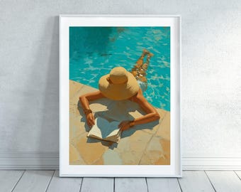 Relaxando à beira da piscina, lendo no verão: pintura para imprimir e crie sua própria obra de arte.
