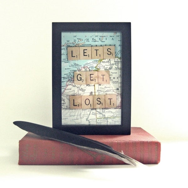 Beach Decor Vintage Map Typography Art Wall Decor Travel Gift Scrabble Tile Art