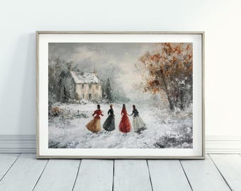 May include: Framed art print of an oil painting depicting four figures in long dresses walking in a snowy landscape. A house and trees are in the background. The figures are wearing red, black, and gold dresses.