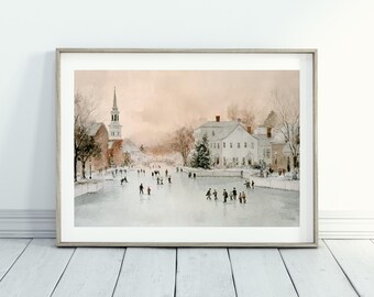 May include: A framed watercolour print showing a winter scene with people ice skating on a frozen pond. A church with a tall spire and white buildings are in the background. The artwork is framed in a light wood frame.