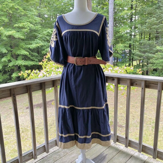 Peasant Dress Size M Applique Tiered Blue Boho - image 2