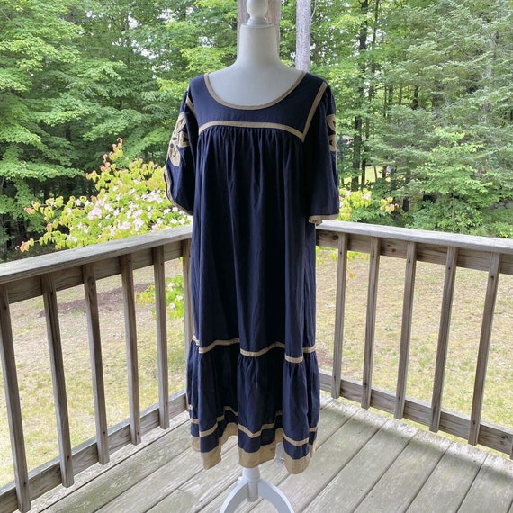 Peasant Dress Size M Applique Tiered Blue Boho - image 3