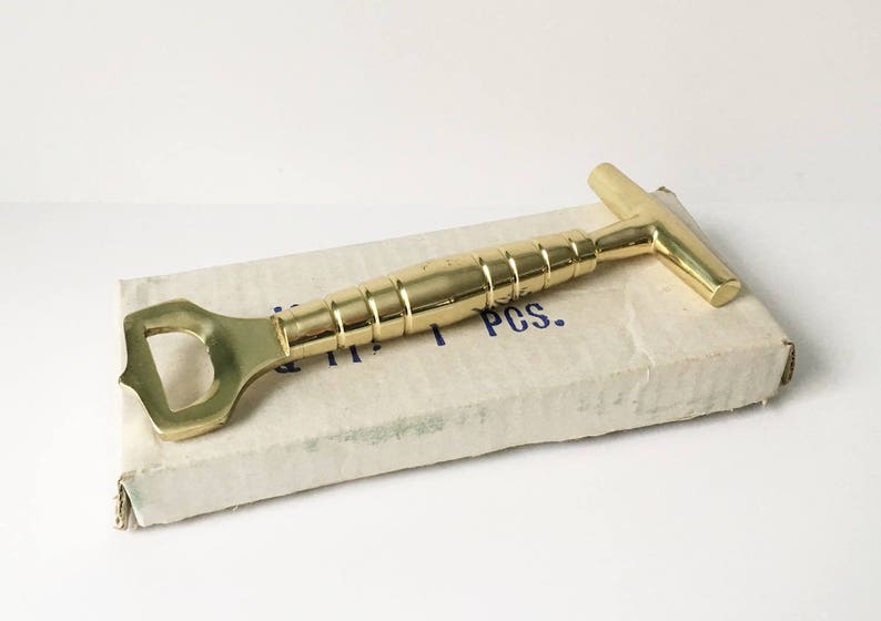 Brass Bottle Opener Cork Screw New Old stock unused Gold Kitchen Gadgets wine bottle opener