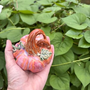May include: A small, hand-sculpted ceramic pumpkin featuring a glossy, multi-toned pink and orange glaze. The pumpkin has a prominent, textured brown stem that curls at the top and a single, small, light green leaf attached to the side.