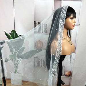 Single Layer Beaded Bridal Veil - Crystal & Pearl Embellished Tulle with Metal Comb, Modern Wedding Headpiece,Ready Face Cover