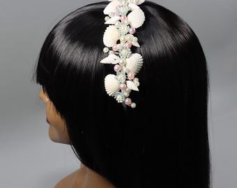 Bridal Handmade Seashell Headband Boho Bridal Floral Hair Crown, Wedding Hair Accessory for Bride,Wedding Headpiece with Pearl Coral Accents