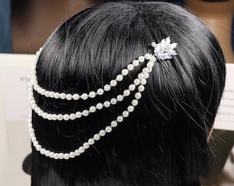 Layered Pearl Hair Clip Leaf-Inspired Rhinestone Bridal Hairpin,Romantic Multi-Strand Hair Jewelry,Bridal Crystal head piece,Bridesmaid gift