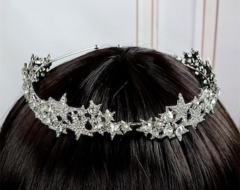 Fascia per capelli a forma di corona di stelle, tiara da sposa con dettagli in cristallo, accessorio per capelli da principessa per la sposa, copricapo da sposa, accessorio per capelli da damigella d'onore