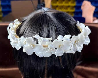 Ceramic Floral Bridal Headband,White Porcelain Blossom Crown ,Wedding Hair Accessory for Bride ,Wedding Bridesmaid Headpiece with Crystals