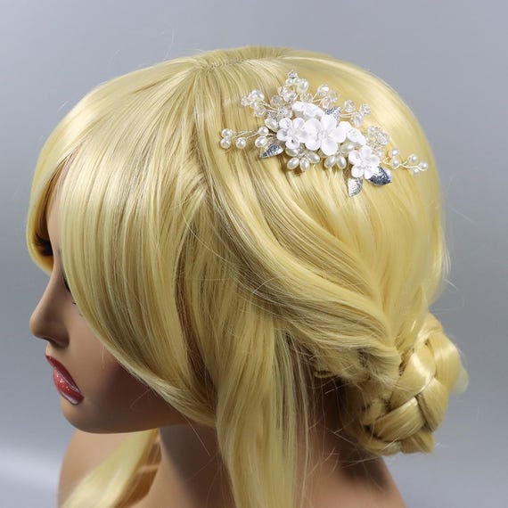 Bridal Hair Comb ,crystal Pearl Polymer Clay Floral  display picture 3