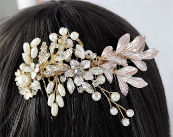 Bladzilver bruids haarkam, handgemaakte met parels ingelegde bruiloft haarstukje, bloemen haarsieraden, haaraccessoires bruidsmeisje
