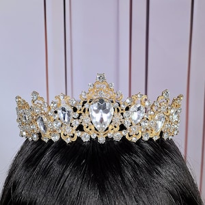 Gold Bridal Tiara - Elegant Princess Crown Headband, Wedding Hair Accessory for Bride, Rhinestone Crystal Headpiece , Bridesmaid Hair Piece