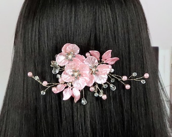 Bruidshaarclip, handgemaakte parelkristal bloemen haarspeld met roze bloemblaadjes, bruiloft zendspoel, bruidsmeisje haaraccessoire, bruids zijkam