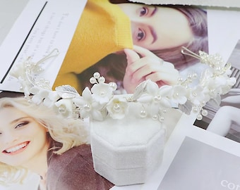 Porcelain Floral Bridal Crown - Handcrafted Ceramic Blossom Headpiece with Pearl, Wedding Day Silver Hairband, Bridesmaid Silver Hair Piece