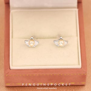S925 Sterling Silver Pearl Ginkgo Leaf Stud Earrings