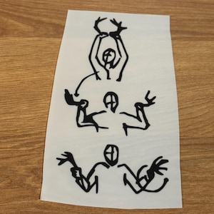 May include: Three black and white illustrations of a stick figure with arms raised in different positions. The figure in the top illustration has arms raised above its head. The figure in the middle illustration has arms raised to the side. The figure in the bottom illustration has arms raised in front of its body.