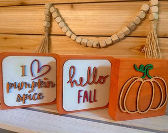 Handmade Fall Block Signs | Rustic Autumn Wooden Shelf Decor | Pumpkin Spice | Hello Fall Sign | Tiered Tray & Coffee Bar Decor